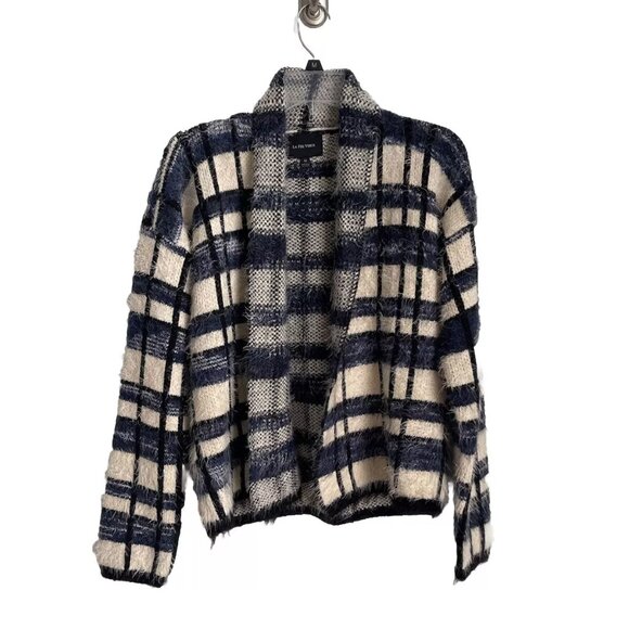 Anthropologie La Fee Verte Blue Plush Eyelash Plaid Knit Open Cardigan - Picture 1 of 7